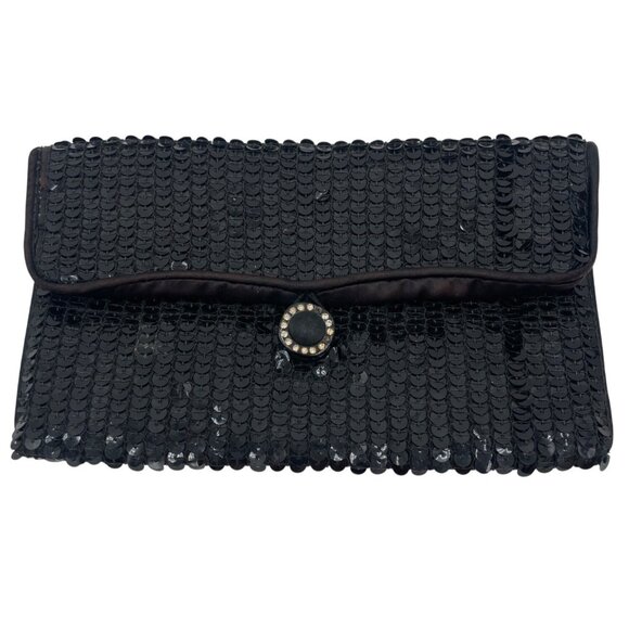 Norell Handbags - Vintage Norell Black Sequin Clutch Purse With Rhinestone Button Closure & Satin